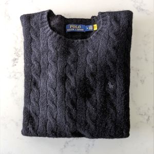 Black Cable Knit Polo Crewneck Sweater - Men - Medium